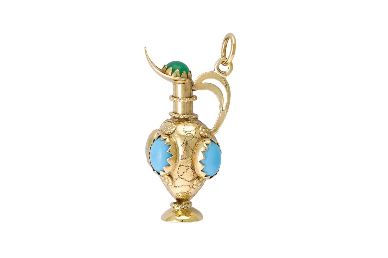 Lot 25 - A TURQUOISE SET 9CT GOLD PENDANT, modelled as...