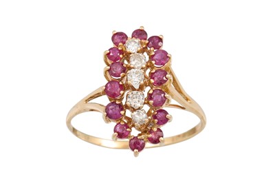 Lot 44 - A DIAMOND AND RUBY CLUSTER RING, of shaped...