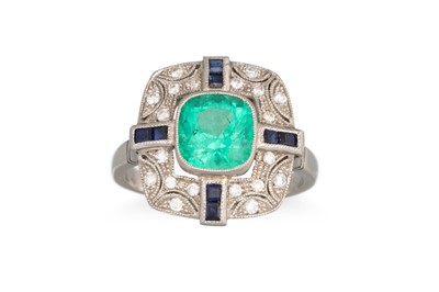 Lot 211 - AN EMERALD, DIAMOND AND SYNTHETIC SAPPHIRE...
