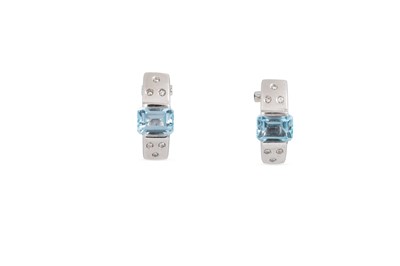 Lot 214 - A PAIR OF TOPAZ AND DIAMOND HALF HOOP EARRINGS,...