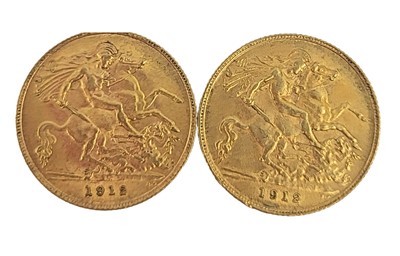 Lot 381 - TWO ENGLISH 1912 GOLD HALF SOVEREIGN GV COINS,...