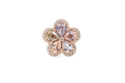 Lot 225 - A DIAMOND AND MULTI-COLOURED SAPPHIRE RING, of...
