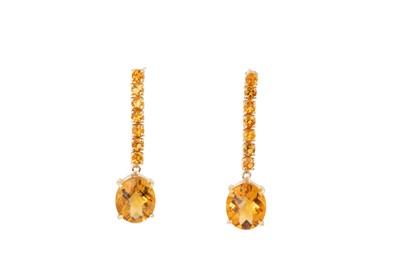Lot 156 - A PAIR OF CITRINE DROP EARRINGS, comprising...
