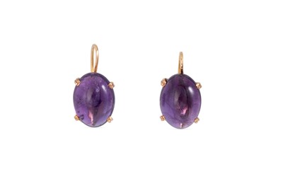 Lot 160 - A PAIR OF AMETHYST EARRINGS, the cabochon...