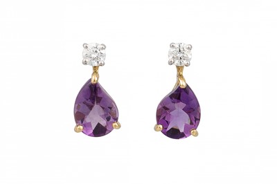 Lot 121 - A PAIR OF AMETHYST AND DIAMOND EARRINGS, the...