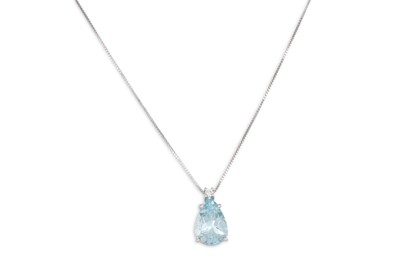 Lot 190 - AN AQUAMARINE AND DIAMOND PENDANT, the pear...