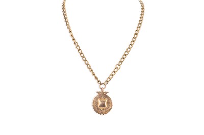 Lot 293 - A GOLD PLATED WATCH CHAIN, suspending two...