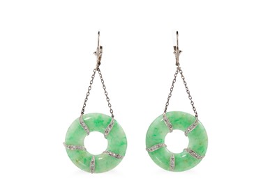 Lot 256 - A PAIR OF JADE AND DIAMOND EARRINGS, the jade...