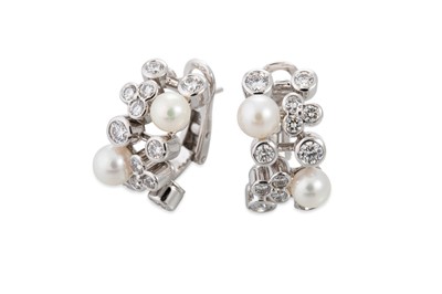 Lot 276 - A PAIR OF DIAMOND AND PEARL HOOP EARRINGS,...