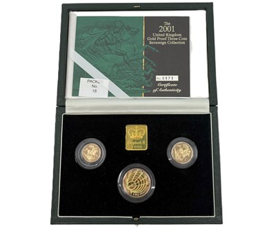Lot 385 - A 2001 MARCONI GOLD PROOF SOVEREIGN THREE COIN...