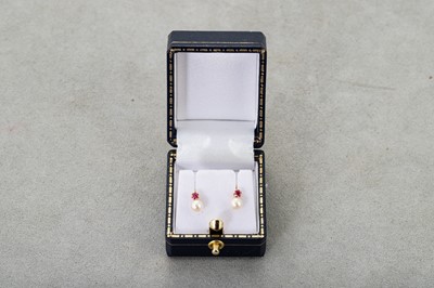 Lot 22 - A PAIR OF CULTURED PEARL AND RUBY EARRINGS,...