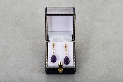 Lot 23 - A PAIR OF AMETHYST AND PEARL DROP EARRINGS,...