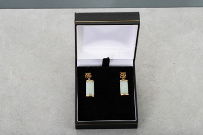 Lot 65 - A PAIR OF JADE EARRINGS, mounted in 14ct gold