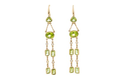 Lot 109 - A PAIR OF PERIDOT AND DIAMOND DROP EARRINGS,...