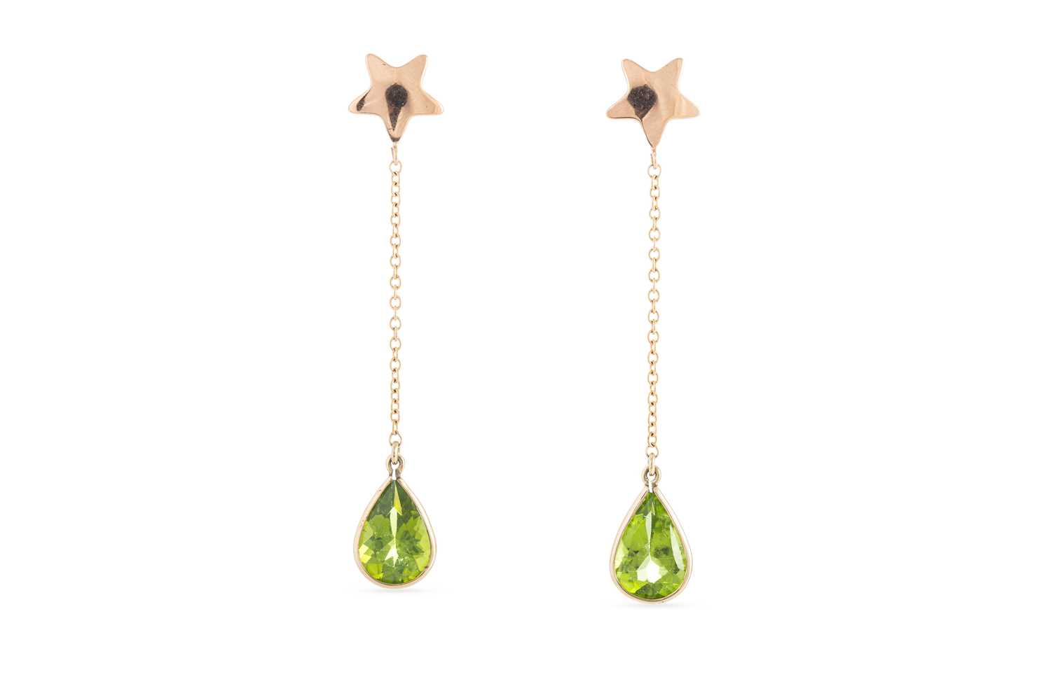 Lot 159 - A PAIR OF PERIDOT DROP EARRINGS, the pear...