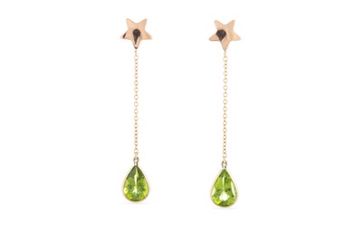 Lot 159 - A PAIR OF PERIDOT DROP EARRINGS, the pear...