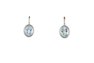 Lot 160 - A PAIR OF AQUAMARINE EARRINGS, the oval...