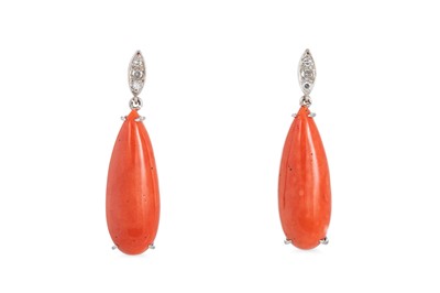 Lot 211 - A PAIR OF CORAL AND DIAMOND DROP EARRINGS, the...