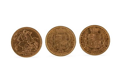 Lot 400 - THREE GOLD FULL SOVEREIGN ENGLISH COINS, 1869...