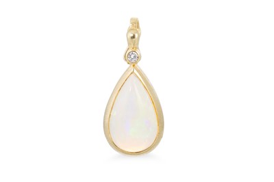 Lot 119 - AN OPAL AND DIAMOND PENDANT, the pear drop...