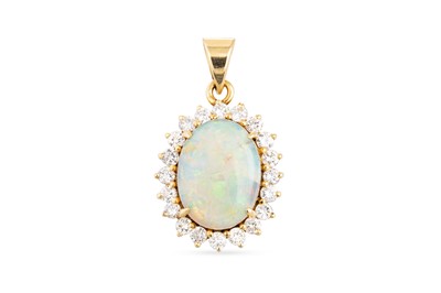 Lot 124 - AN OPAL AND DIAMOND CLUSTER PENDANT, the oval...
