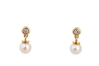 Lot 286 - A PAIR OF DIAMOND AND PEARL DROP EARRINGS,...