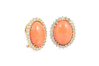 Lot 288 - A PAIR OF CORAL AND DIAMOND CLUSTER EARRINGS,...