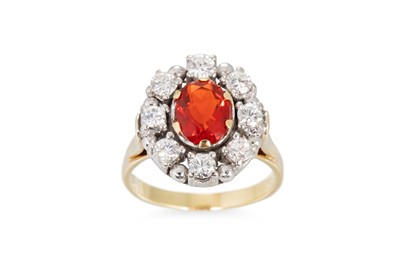 Lot 289 - A FIRE OPAL AND DIAMOND CLUSTER RING, in 14ct...