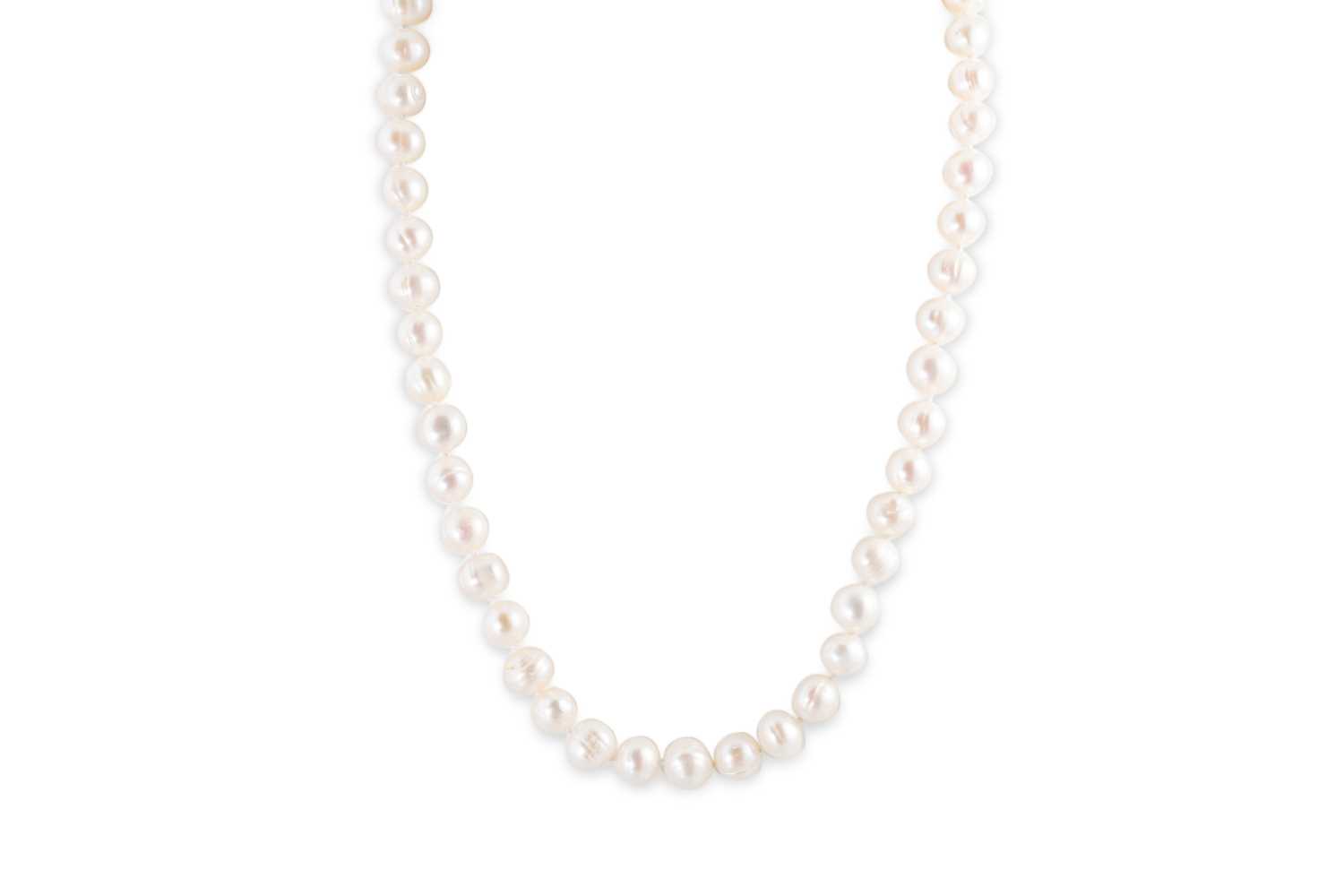 Lot 47 - A STRING OF RIVER PEARLS, with marcasite clasp
