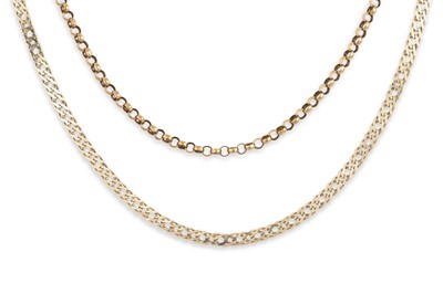 Lot 237 - TWO 9CT GOLD NECK CHAINS, flat link 27" &...