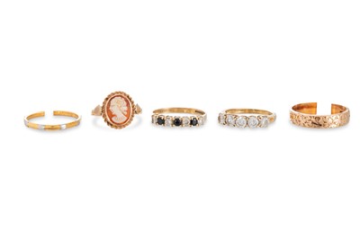 Lot 239 - FOUR 9CT GOLD RINGS, 9.7 g. together with a 22...