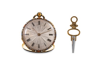 Lot 176 - AN ANTIQUE FOB WATCH, black enamel back with...