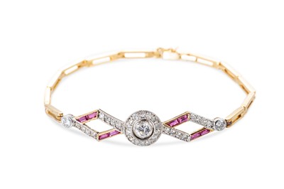 Lot 177 - AN ART DECO DIAMOND AND RUBY BRACELET, the...