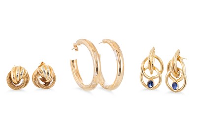 Lot 194 - THREE PAIRS OF YELLOW GOLD EARRINGS, 19 g.