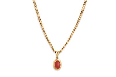 Lot 272 - A CORAL PENDANT, on a 18ct gold flat curb link...