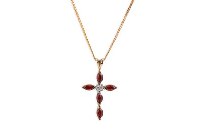 Lot 274 - A 9CT GOLD DIAMOND AND GARNET SET CROSS, to a...