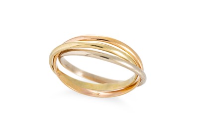 Lot 275 - A YELLOW GOLD TRIPLE GOLD BAND RING, size K, 2....