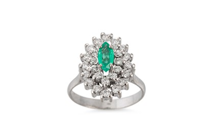 Lot 321 - AN EMERALD AND DIAMOND NAVETTE SHAPED CLUSTER...