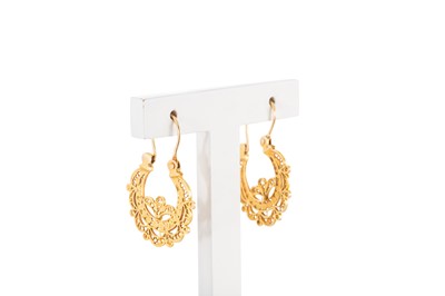 Lot 358 - A PAIR OF YELLOW GOLD FILIGREE WORK HOOP...