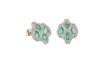 Lot 359 - A PAIR OF EMERALD AND DIAMOND SET EARRINGS,...