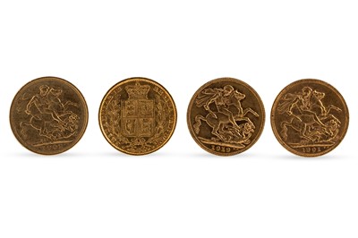 Lot 463 - FOUR FULL GOLD SOVEREIGN ENGLISH COINS...