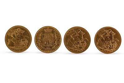 Lot 464 - FOUR FULL GOLD SOVEREIGN ENGLISH COINS...
