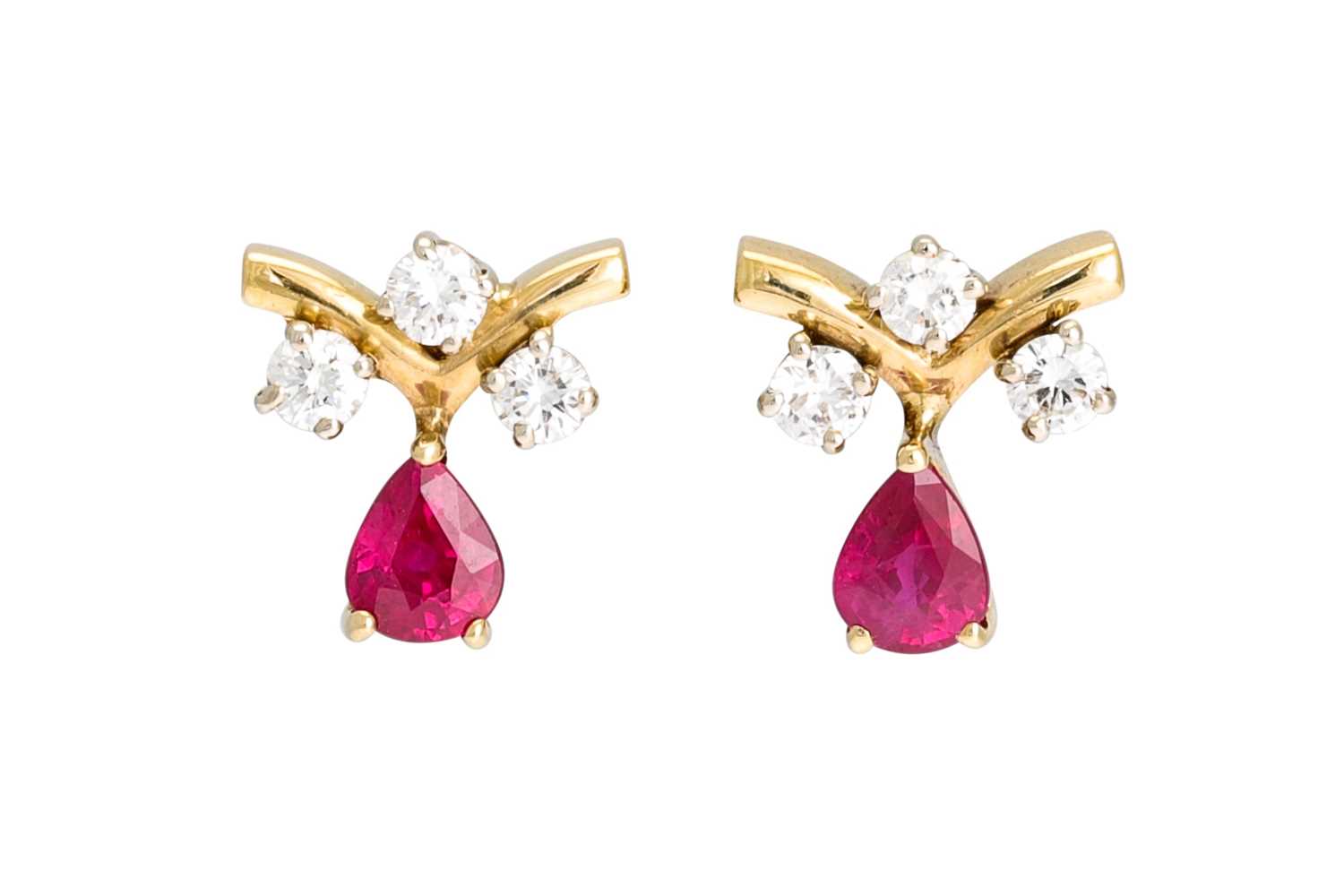 Lot 32 - A PAIR OF RUBY AND DIAMOND EARRINGS, the pear...