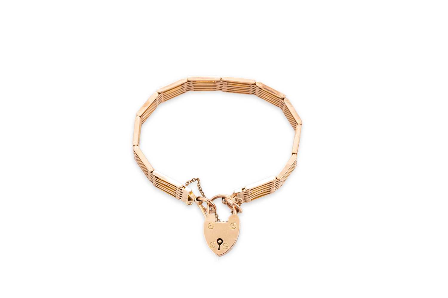 Lot 13 - A 9CT GOLD GATE BRACELET, with padlock clasp,...