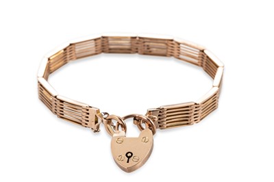 Lot 13 - A 9CT GOLD GATE BRACELET, with padlock clasp,...
