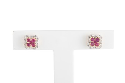 Lot 14 - A PAIR OF DIAMOND AND RUBY CLUSTER EARRINGS,...