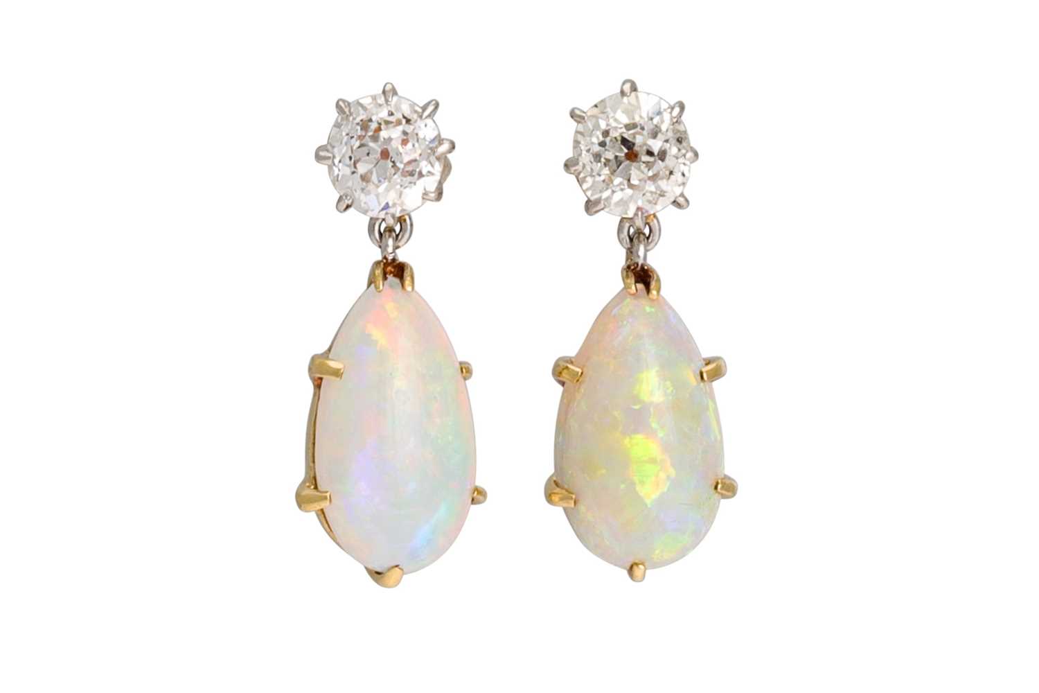 Lot 33 - A PAIR OF OPAL AND DIAMOND DROP EARRINGS, the...