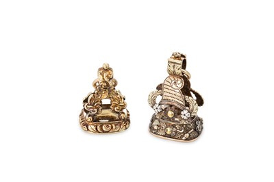 Lot 162 - TWO ANTIQUE GOLD FOB SEALS / PENDANTS, citrine...