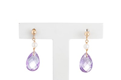 Lot 71 - A PAIR OF AMETHYST AND PEARL DROP EARRINGS,...