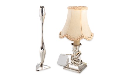 Lot 502 - A SILVER TABLE LAMP, (electric) with an art...